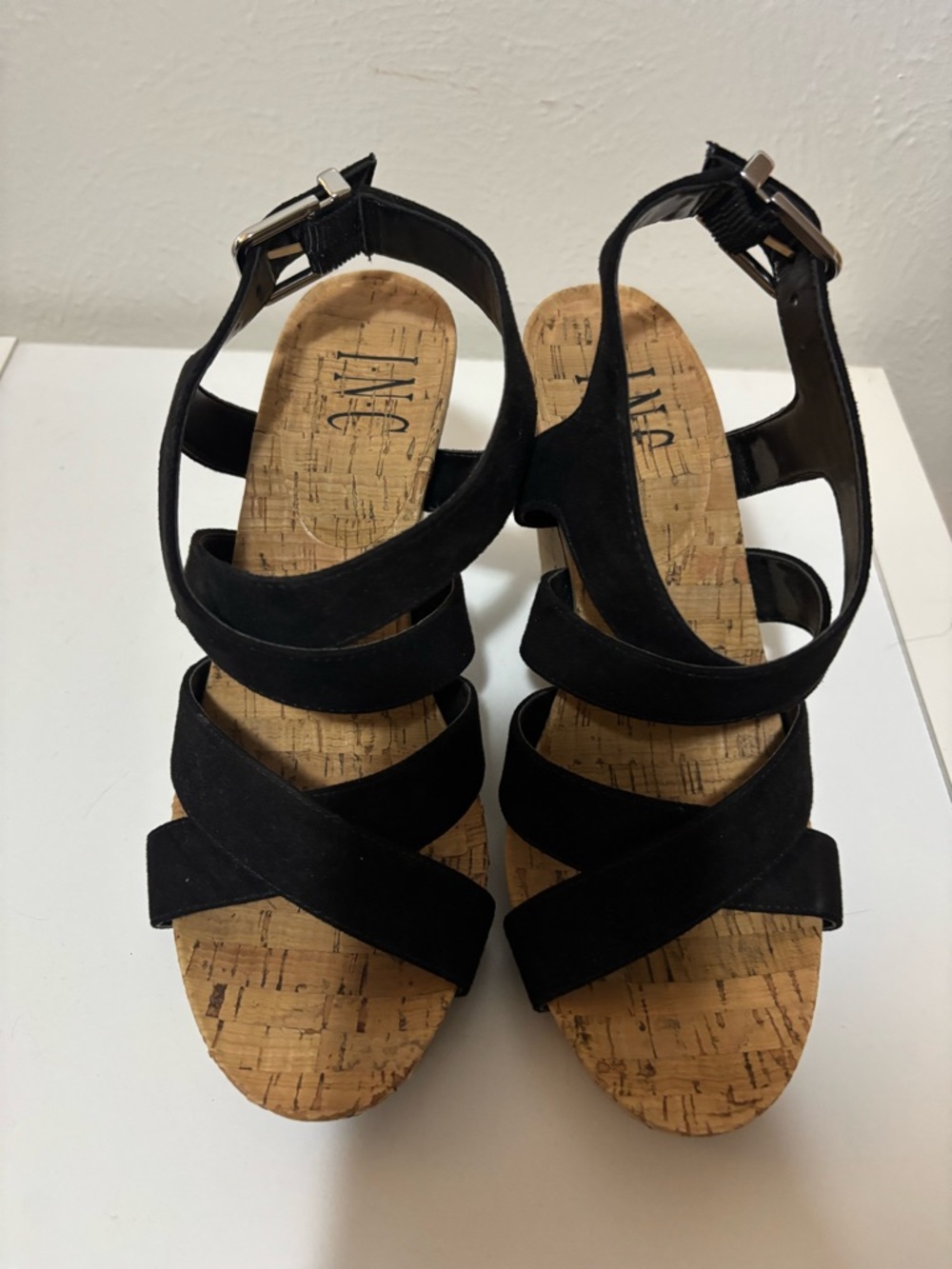 INC International Concepts Black Cork Wedge Sandals